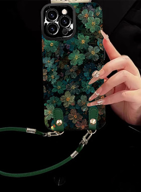 星夜绿色花挂绳适用opporeno15pro壳14新款13女款12高级感11硅胶10pro+全包findx9防摔8Z创意7超薄6小羊皮套