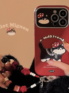 红色猫咪挂绳适用苹果17promax手机壳iPhoneAir新款16pro女款15plus高级感14全包防摔13超薄12大视窗小羊皮11