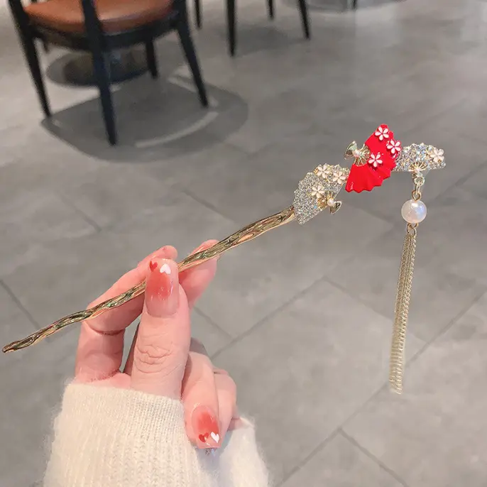 国风红色可摆动步摇扇子珍珠流苏发簪女高级感汉服盘发簪子发钗