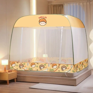 新款 大空间三开门家用可折叠蚊帐 卡通免安装 蚊帐蒙古包方顶坐床式