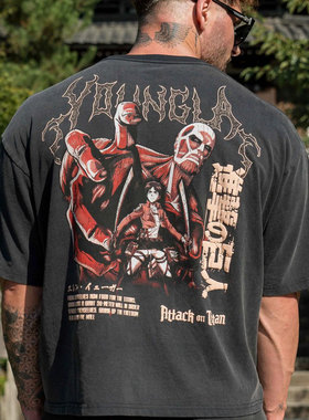 YOUNGLA联盟Attack on Titan男士超大T恤慢跑者运动健身纯棉短袖