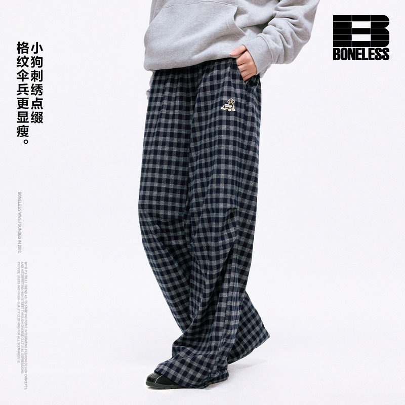 BONELESS小狗刺绣标格纹显瘦伞兵裤宽松抽绳百搭阔腿休闲裤长裤图片