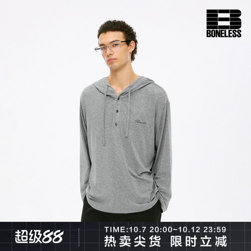 BONELESS莱赛尔羊毛混纺半开门襟长袖连帽衫LOGO绣花挺括卫衣上衣