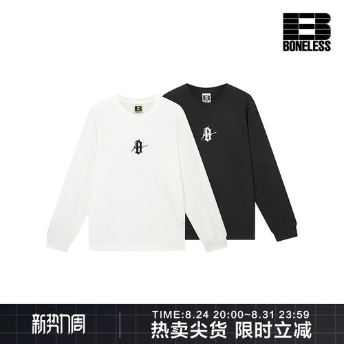 【商场同款】BONELESS签字哥特B印花刺绣长袖T恤纯棉打底衫