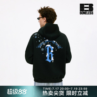 BONELESS保暖防风肌理立体绣花字母图案印花宽松秋季连帽卫衣帽衫