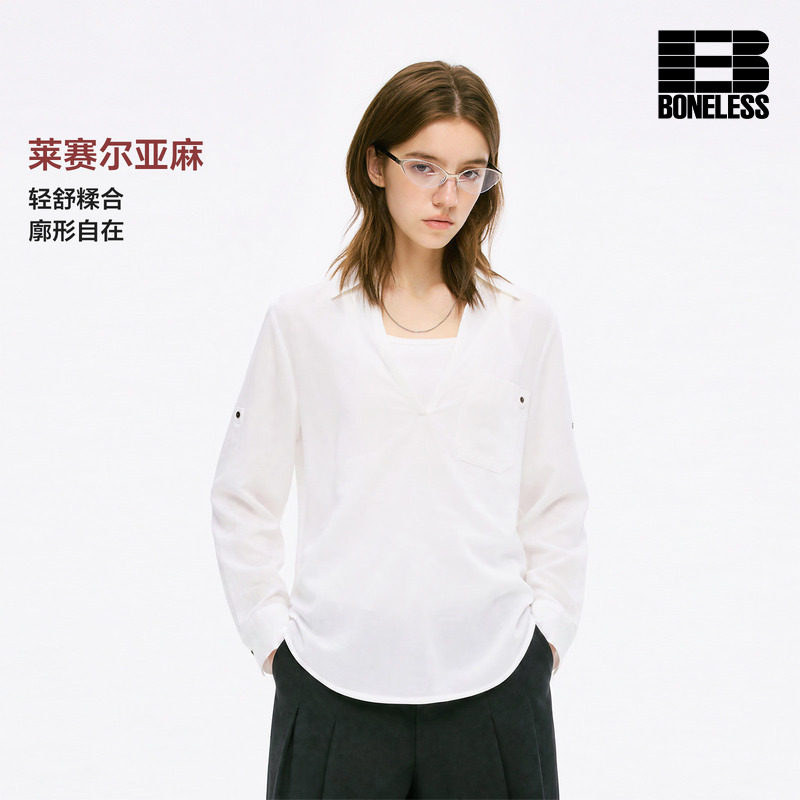 BONELESS莱赛尔亚麻混纺V领宽松短袖木质纽扣收腰显瘦七分袖衬衫图片
