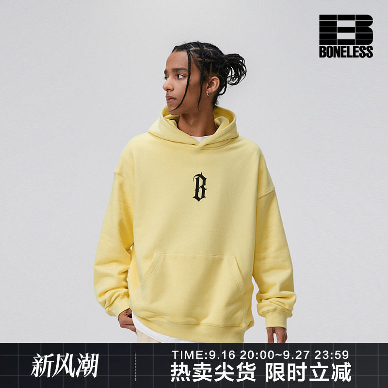 BONELESS基础B字胶浆印花帽衫图片