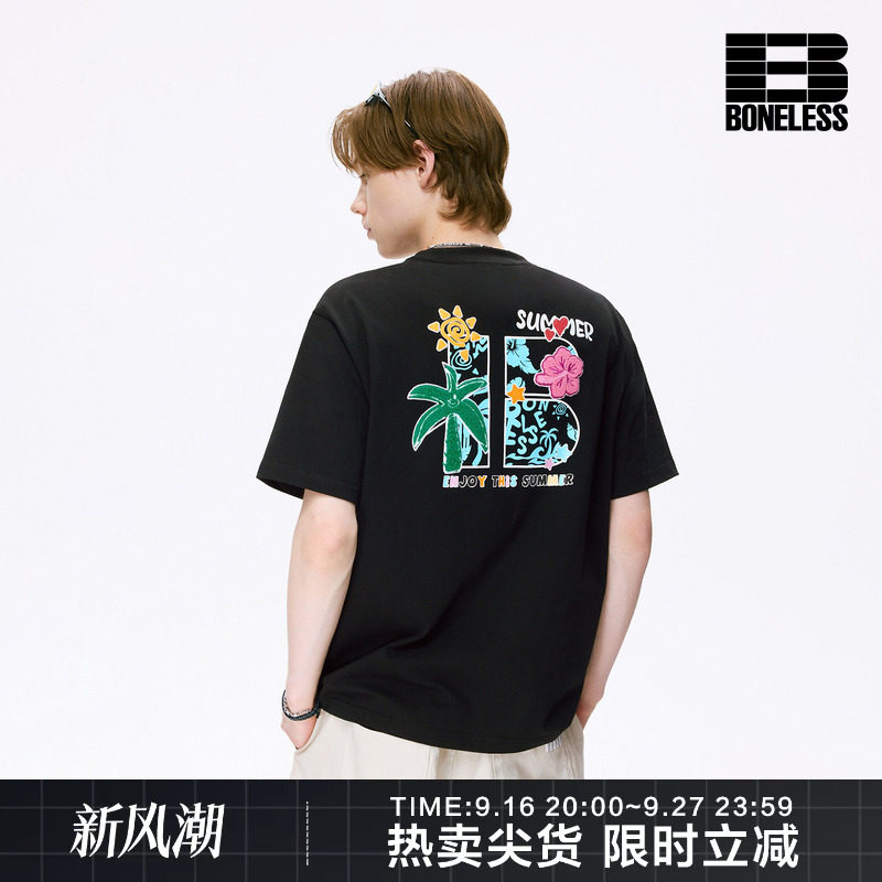 BONELESS夏日风情网格B印花绣花短袖夏宽松纯棉圆领情侣休闲上衣图片