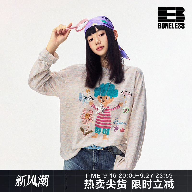 BONELESS人物涂鸦印花打底衫美式长袖T恤趣味潮牌宽松罩衫图片