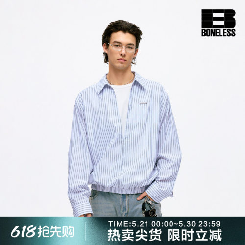 BONELESS深V领假两件长袖衬衫铁牌设计感宽松休闲百搭松弛感上衣