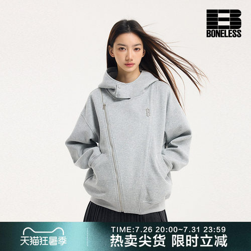 BONELESS秋季新款机车连帽拉链开衫卫衣铁标logo宽松潮牌外套