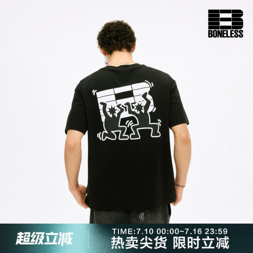BONELESS趣味绒面印花显瘦短袖T恤挺括日常通勤休闲圆领体恤上衣