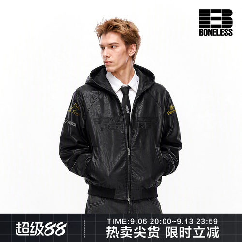 BONELESS贴布绣排版美式复古连帽夹克pu皮街头潮牌宽松重磅外套