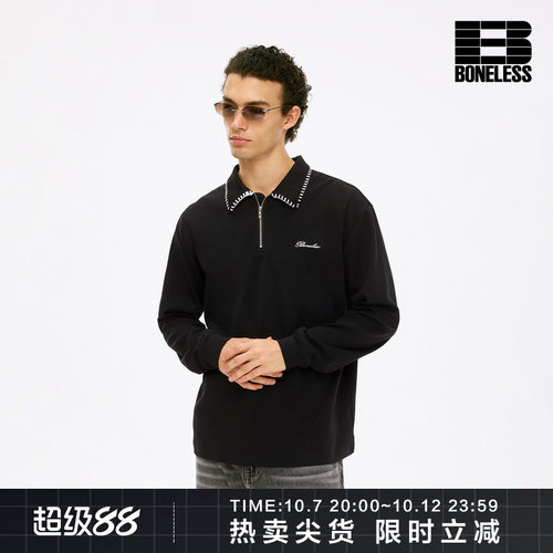 BONELESS亲肤透气手缝线翻领长袖polo衫logo刺绣简约宽松长袖上衣
