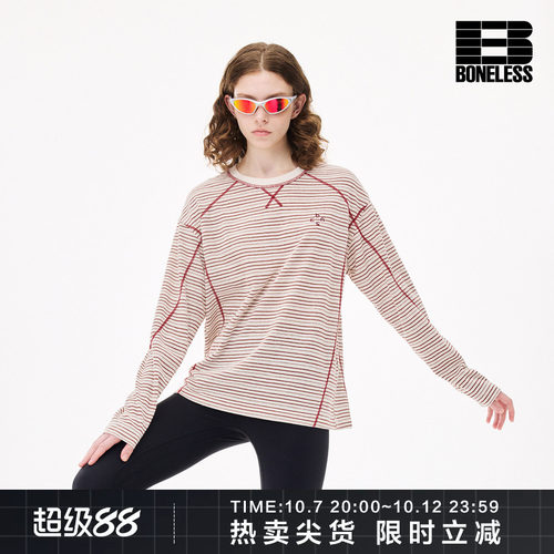 BONELESS条纹撞色线长袖T恤logo绣花简约时尚城市漫游运动上衣