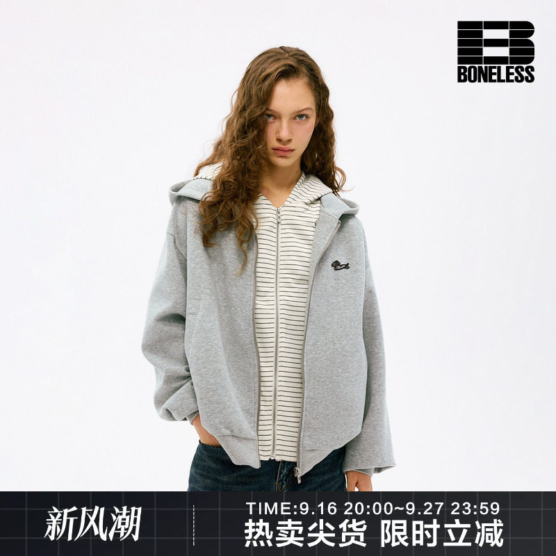 BONELESS奔跑小狗刺绣章可拆卸拼接条纹空气层卫衣假两件开衫外套图片