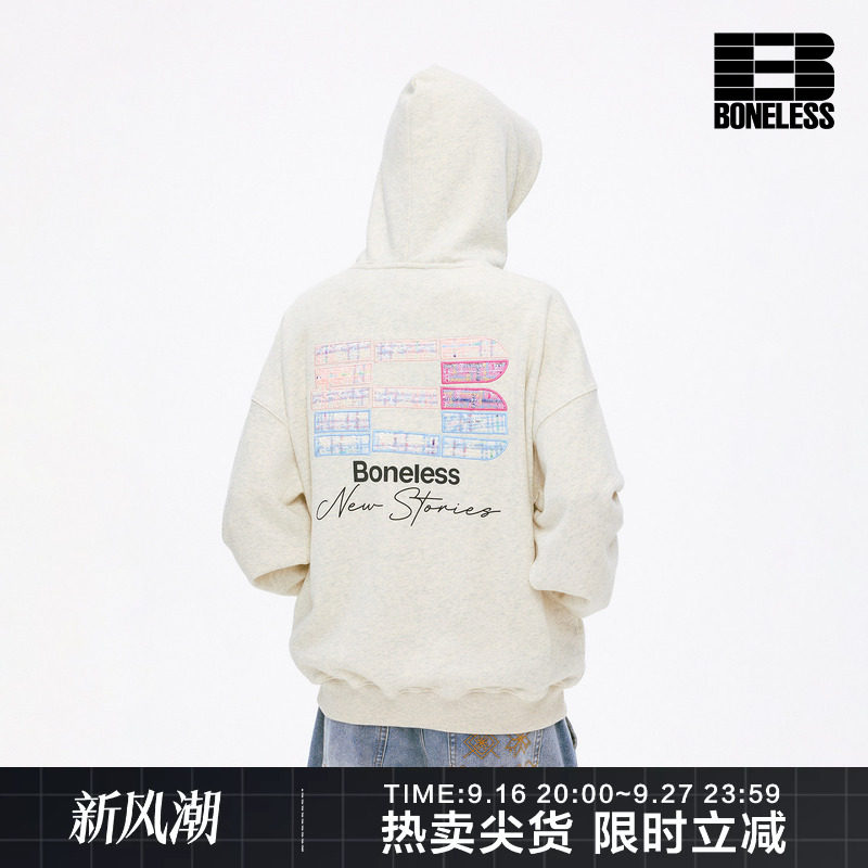 BONELESS撞色贴布绣LOGO印花连帽卫衣袋鼠口袋宽松休闲美式上衣图片