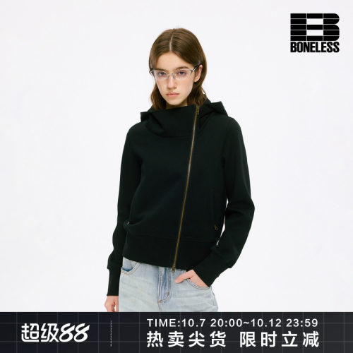 BONELESS斜拉链立体剪裁修身百搭连帽卫衣开衫秋季新款短款外套女