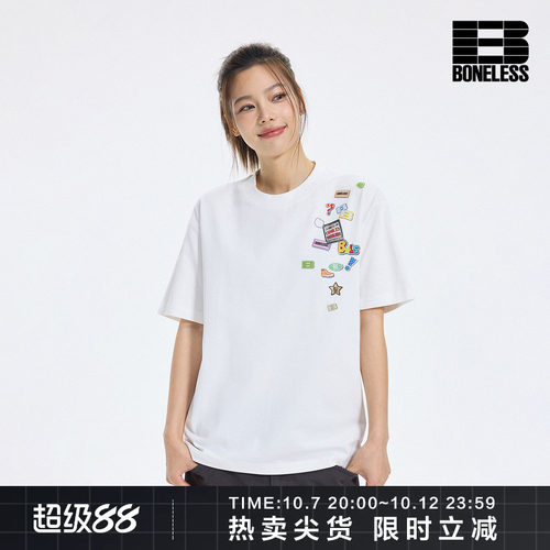 BONELESS趣味贴纸短袖T恤凉感速干宽松圆领夏季短袖设计感体恤男