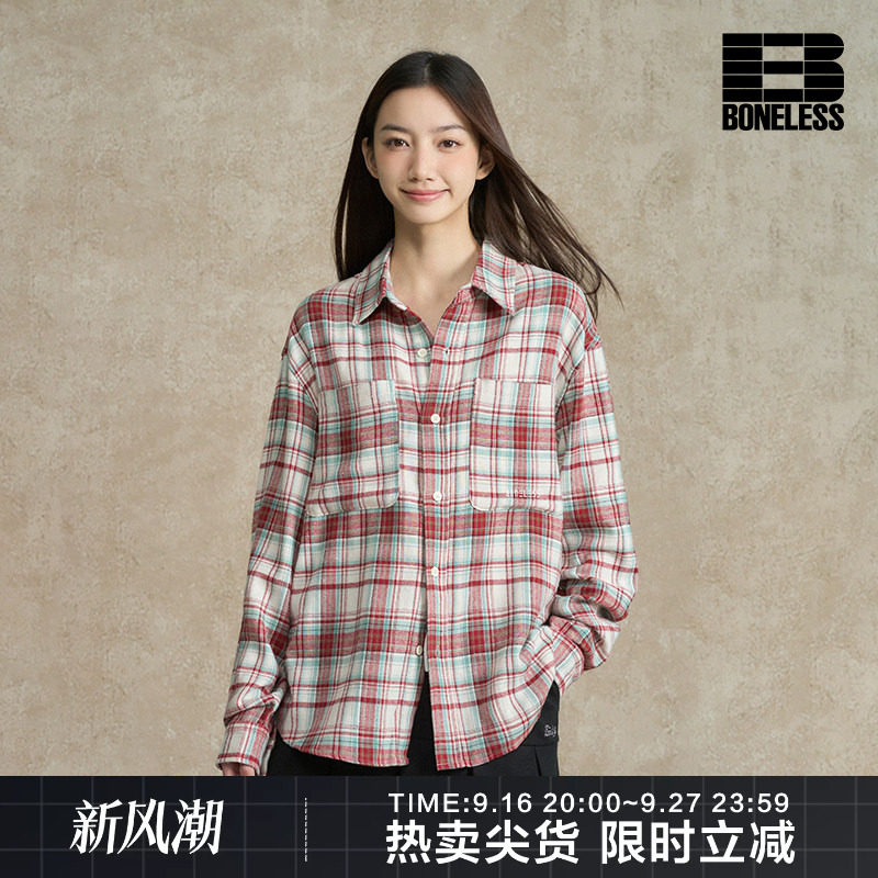 BONELESS撞色格纹衬衫刺绣logo复古宽松外套纯棉休闲格子上衣男女图片