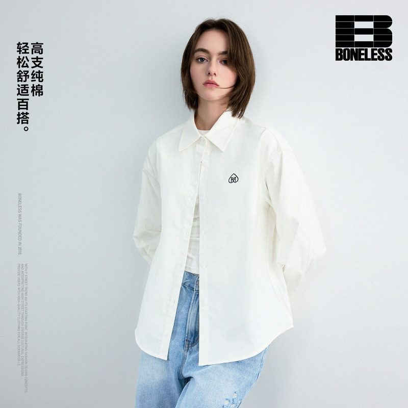 BONELESS高支纯棉牛津布LOGO刺绣长袖衬衫宽松cleanfit衬衣女图片