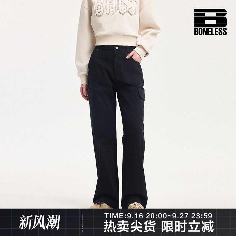 BONELESS春季新款侧边口袋设计宽松直筒基础工装裤女款长裤子图片
