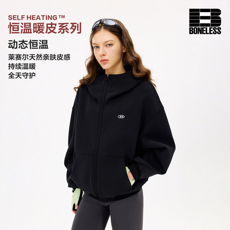 BONELESS空气层简约小标刺绣连帽卫衣外套亲肤透气时尚开衫上衣图片