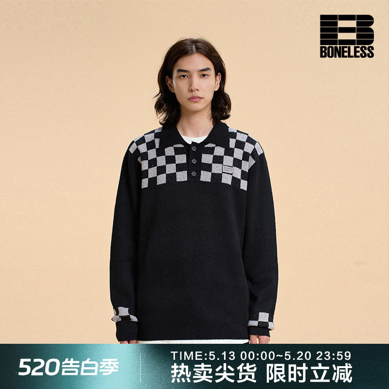 BONELESS马赛克针织polo衫翻领宽松套头上衣秋冬保暖百搭