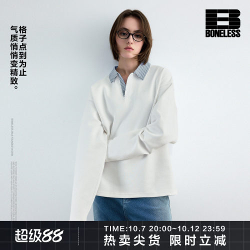 BONELESS拼接格子领长袖POLO卫衣宽松刺绣休闲cleanfit上衣
