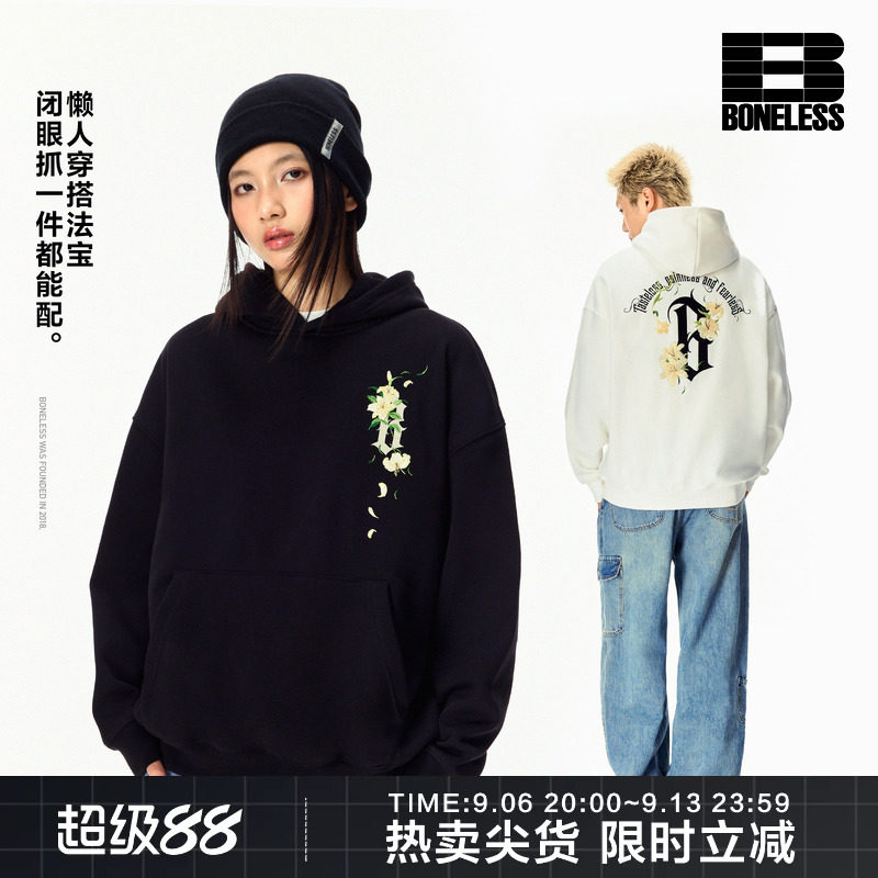 BONELESS基础哥特B香水百合印绣连帽卫衣秋季宽松重磅情侣帽衫潮