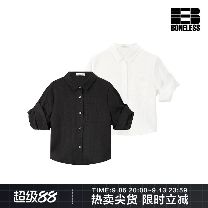 BONELESS抽褶袖口短款休闲短袖衬衫休闲松弛感垂坠顺滑上衣外套图片