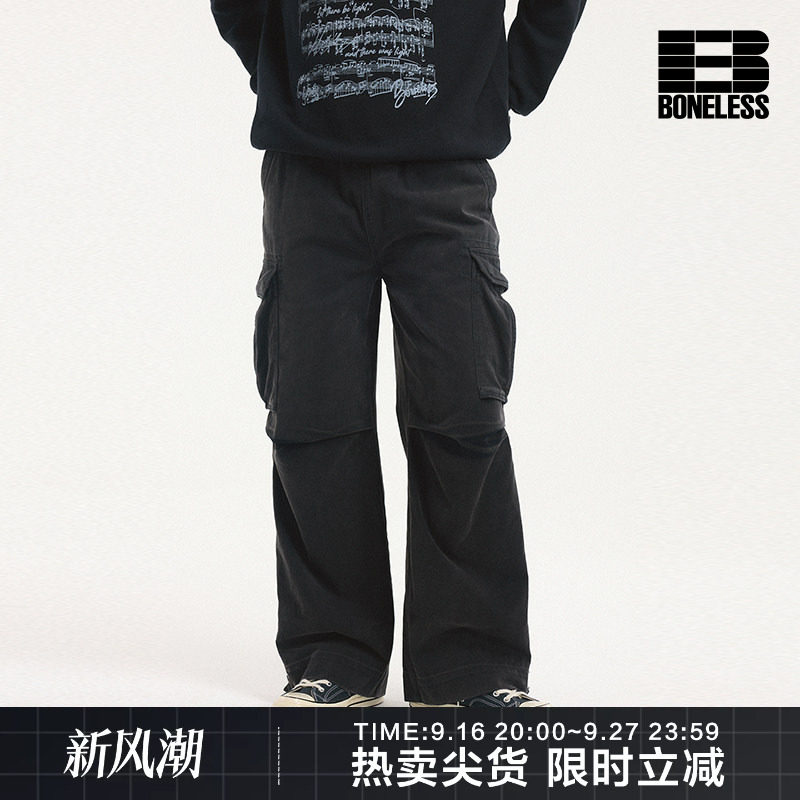 BONELESS秋季新款渐变洗水小破坏多口袋休闲工装裤男宽松长裤子图片