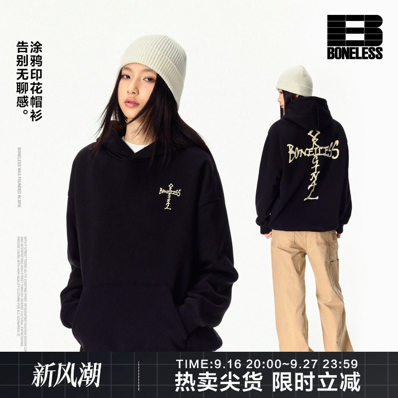 BONELESS十字涂鸦logo印花帽衫秋冬新款宽松休闲百搭情侣连帽卫衣图片