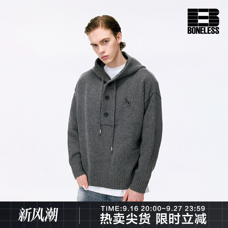 BONELESS秋季刺绣字母毛衣抽绳设计卫衣外套男女宽松针织连帽衫图片