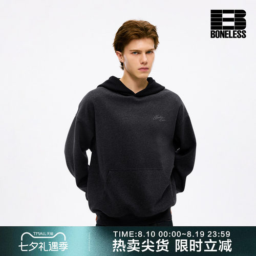 BONELESS发泡擦绒印花肌理拼接连帽卫衣袋鼠口袋宽松休闲潮牌上衣