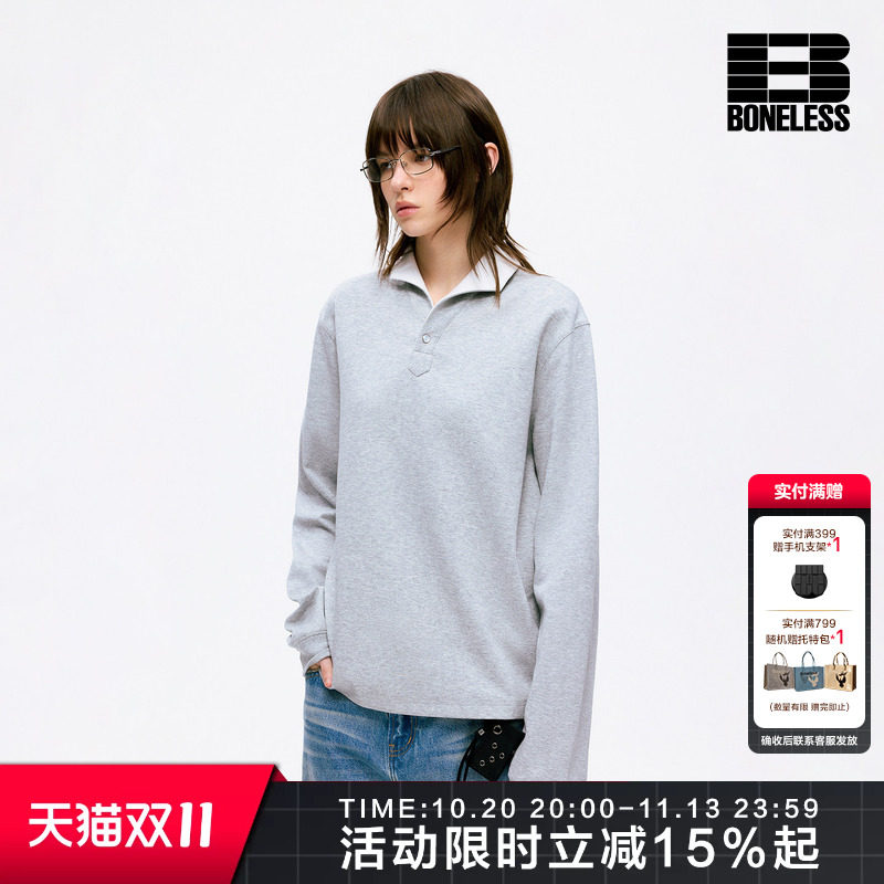 BONELESS翻领刺绣长袖POLO衫宽松百搭简约休闲百搭cleanfit上衣