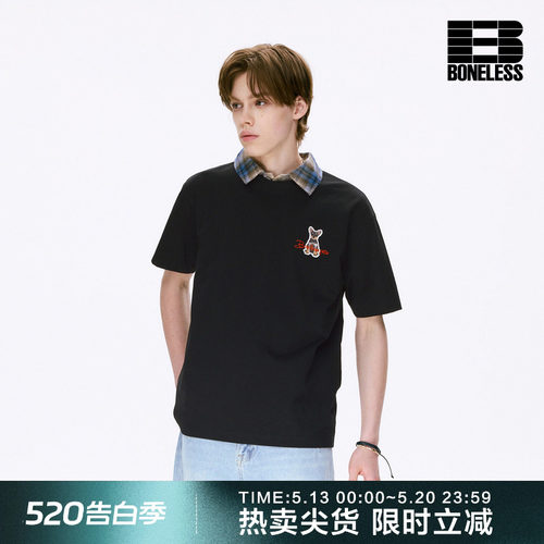 BONELESS可爱小狗字母绣花短袖T恤夏季宽松圆领情侣街头休闲上衣