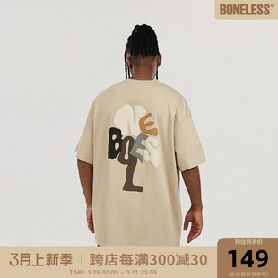 BONELESS树形字母变形印花短袖 情侣T恤 休闲男女卡通美式 潮牌夏季