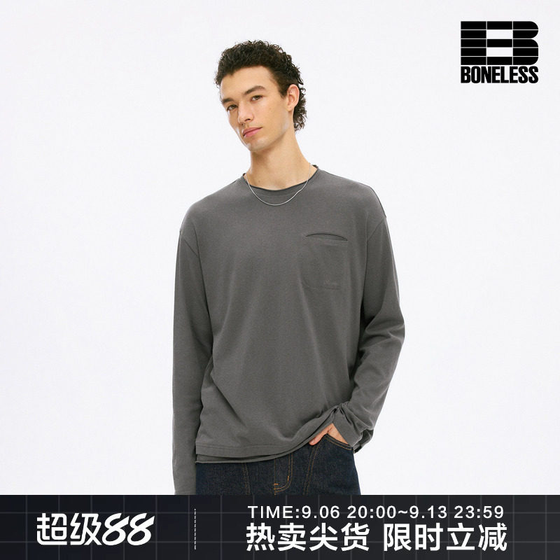 BONELESS轻盈透气舒适亲肤口袋刺绣圆领上衣纯棉打底百搭长袖T恤