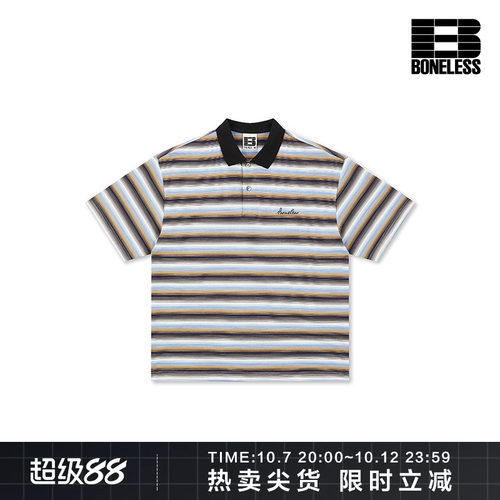 【商场同款】BONELESS刺绣LOGO条纹短袖亲肤透气休闲扣领POLO衫