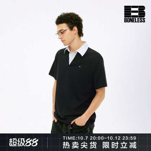 BONELESS手缝logo铁牌条纹假两件短袖宽松休闲复古百搭潮牌POLO衫