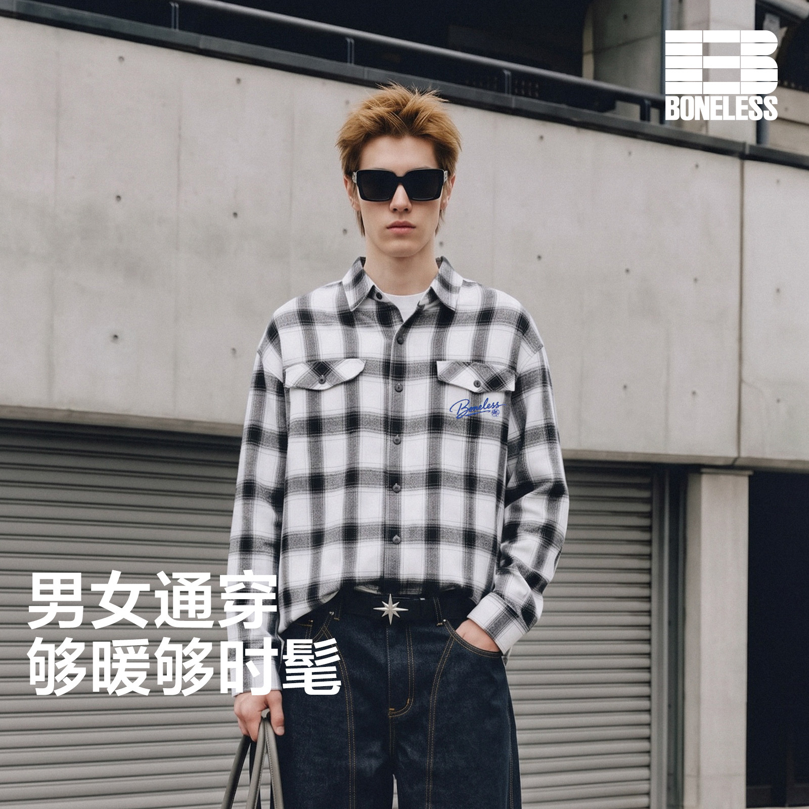 【商场同款】BONELESS经典刺绣格纹宽松长袖衬衫复古百搭衬衣图片