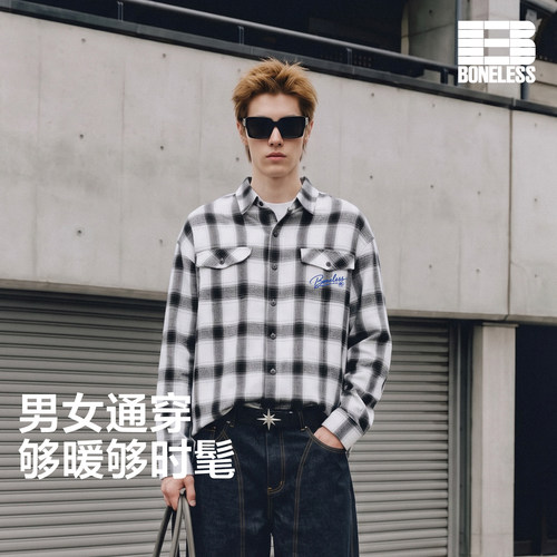 【商场同款】BONELESS经典刺绣格纹宽松长袖衬衫复古百搭衬衣