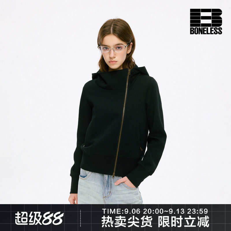 BONELESS斜门襟立体剪裁修身双头拉链宽松百搭连帽卫衣开衫外套										