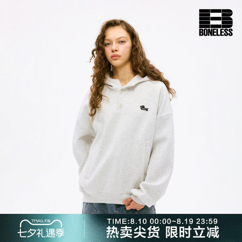 BONELESS奔跑小狗刺绣半纽扣廓形宽松连帽卫衣蓄热保暖挺括上衣