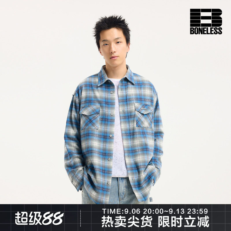 BONELESS法兰绒散边长袖衬衫图片