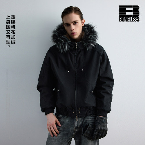 BONELESS座山雕加绒加厚外套cleanfit纯棉重磅帆布洗水棉服夹克