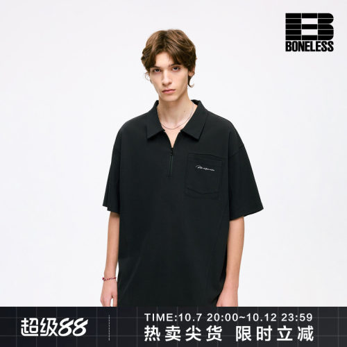 BONELESS破坏口袋手写体字母印花半拉链美式复古休闲短袖POLO衫