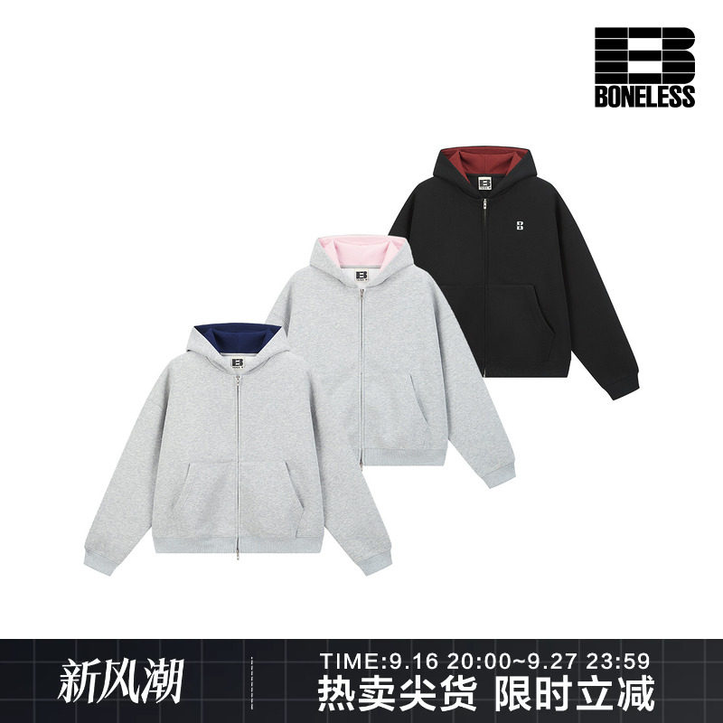 BONELESS拼色重磅空气层连帽刺绣情侣男女拉链卫衣宽松百搭外套图片