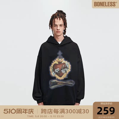 BONELESS火焰心下脚散边帽衫